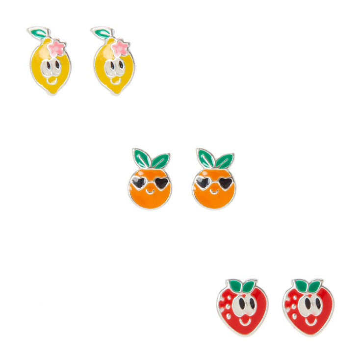 Sterling Silver Cute Fruit Stud Earrings - 3 Pack,