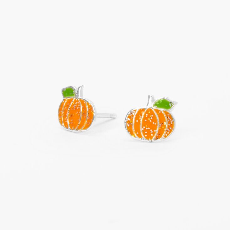 Sterling Silver Glitter Pumpkin Stud Earrings,