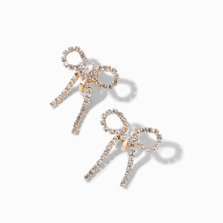 Gold-tone Rhinestone Bow 1&quot; Clip-On Drop Earrings,