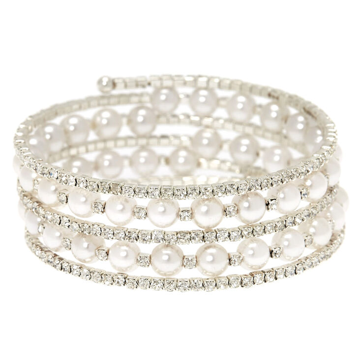 Rhinestone & White Pearl Coil Bracelet,