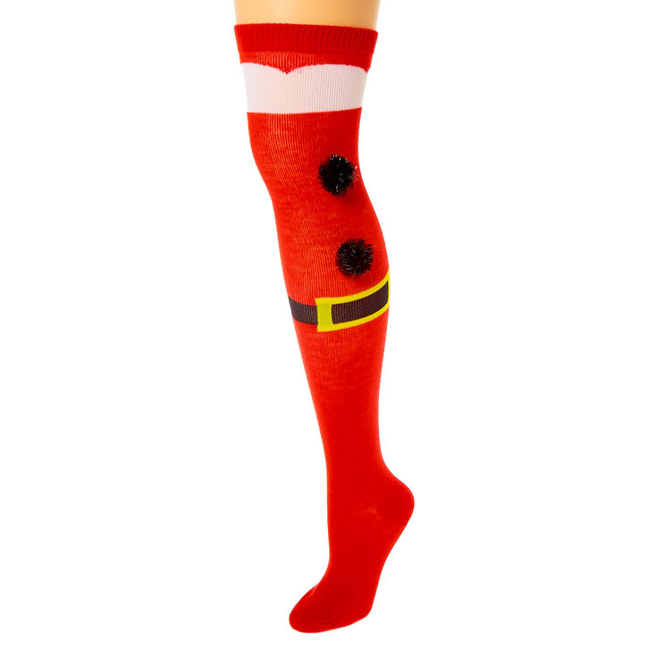 Santa Pom Over the Knee Socks - Red,