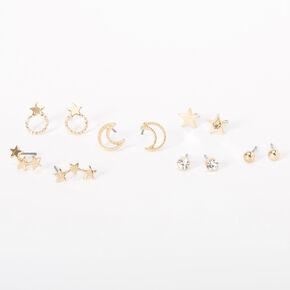 Gold Moon Star Stud Earrings - 6 Pack,