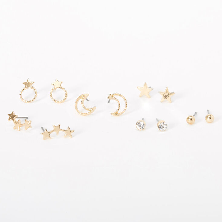 Gold Moon Star Stud Earrings - 6 Pack,