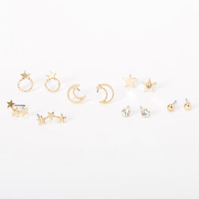 Gold Moon Star Stud Earrings - 6 Pack,