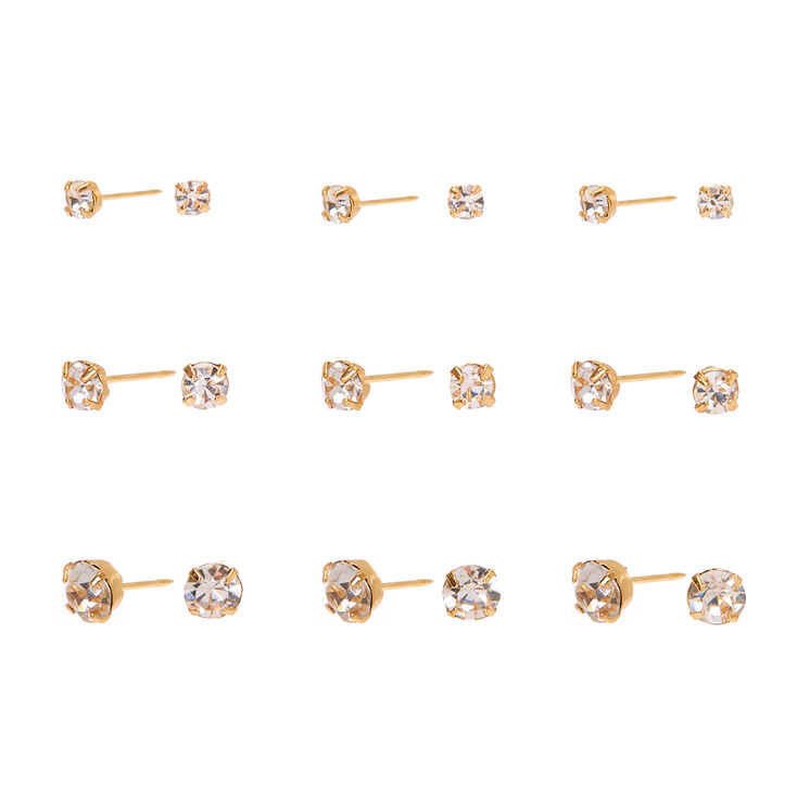 Gold Graduated Crystal Stud Earrings - 9 Pack,