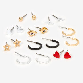 Mixed Metal Eyes, Hearts, &amp; Hoop Stud Earrings - 9 Pack,