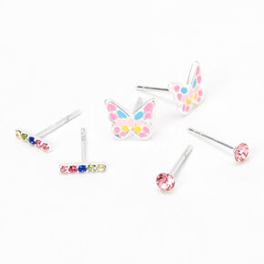 Sterling Silver Pastel Butterfly Stud Earrings - 3 Pack,