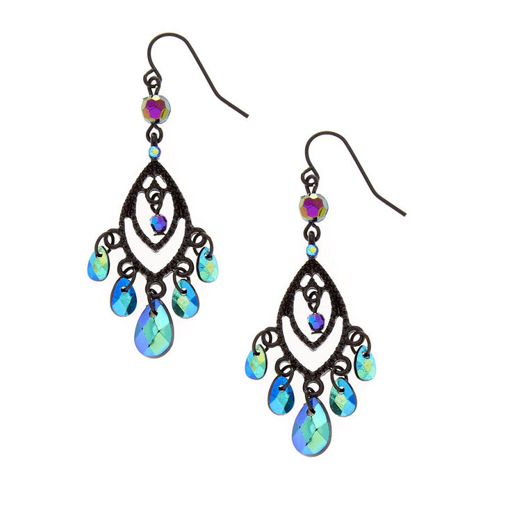 Open Black Marquis & Mirrored Bead Fringe Drop Earring,