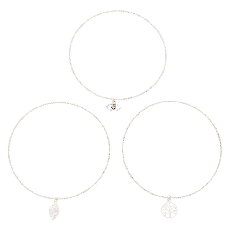 Silver Nature Charm Bangle Bracelets - 3 Pack,