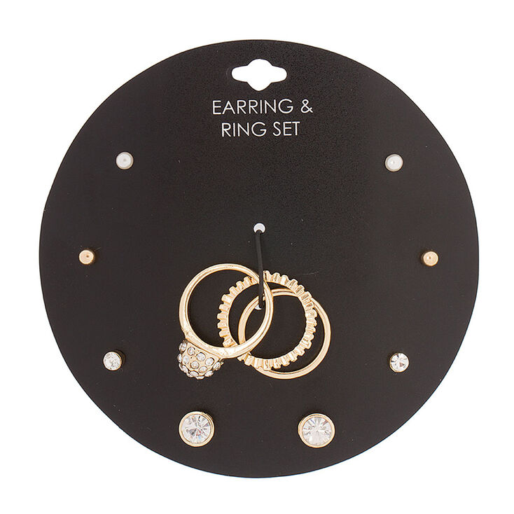 Pearl Gold & Crystal Stud Earrings & Rings Jewelry Set,