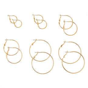 6 Pack Graduated Skinny Gold Tone Hoop Earrings,