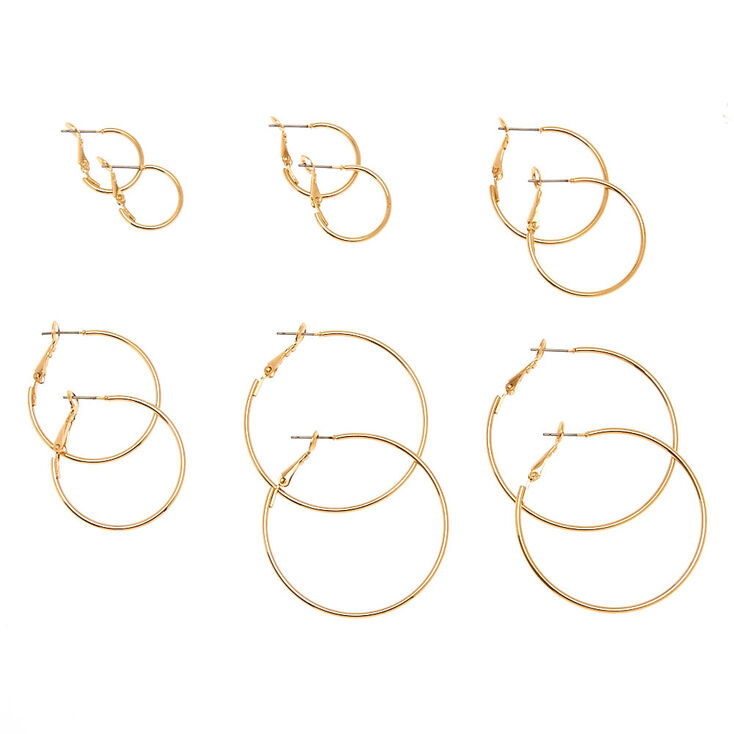6 Pack Graduated Skinny Gold Tone Hoop Earrings,