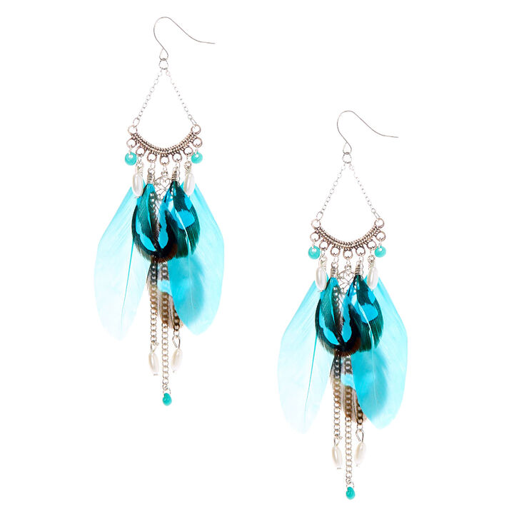 Silver 4" Beaded Feather Drop Earrings - Turquoise,