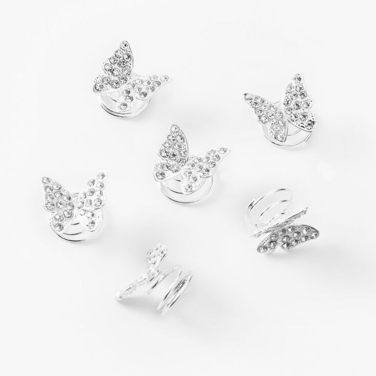Silver Butterfly Rhinestone Hair Spinners - 6 Pack,