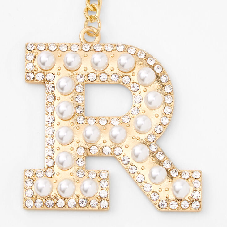 Gold Bling Initial Pom Pom Keychain - White, R,