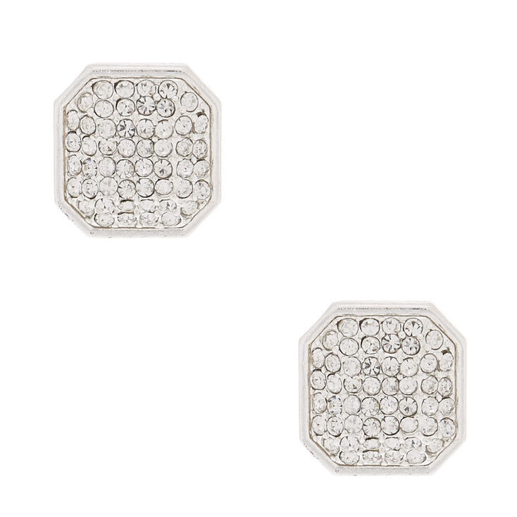 Silver Rhinestone Octagon Stud Earrings,
