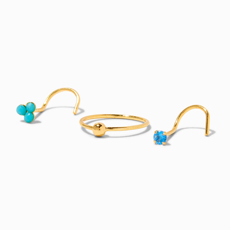 Gold Sterling Silver 22G Turquoise Nose Studs &amp; Hoop - 3 Pack,