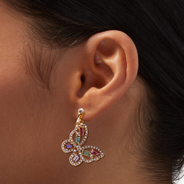 Crystal Baguette Gold Butterfly 1&quot; Drop Earrings,