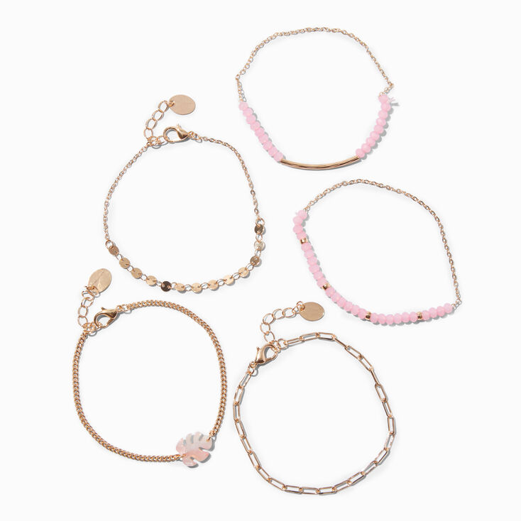 Pink Leaf Gold Beaded Chain Bracelets - 5 Pack,