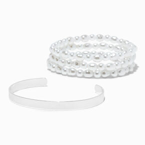 Pearl Stretch &amp; Silver-tone Cuff Bracelet Set - 4 Pack,