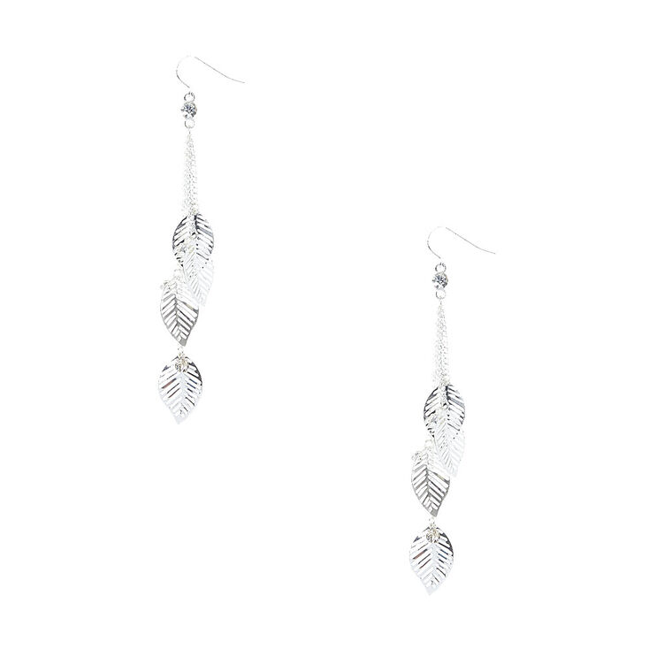 Silver Tone Falling Leaves Chain Drop Earrings,