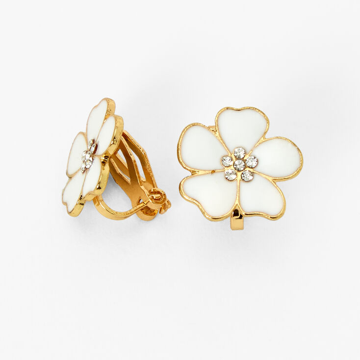 Embellished White Flower Clip On Stud Earrings,