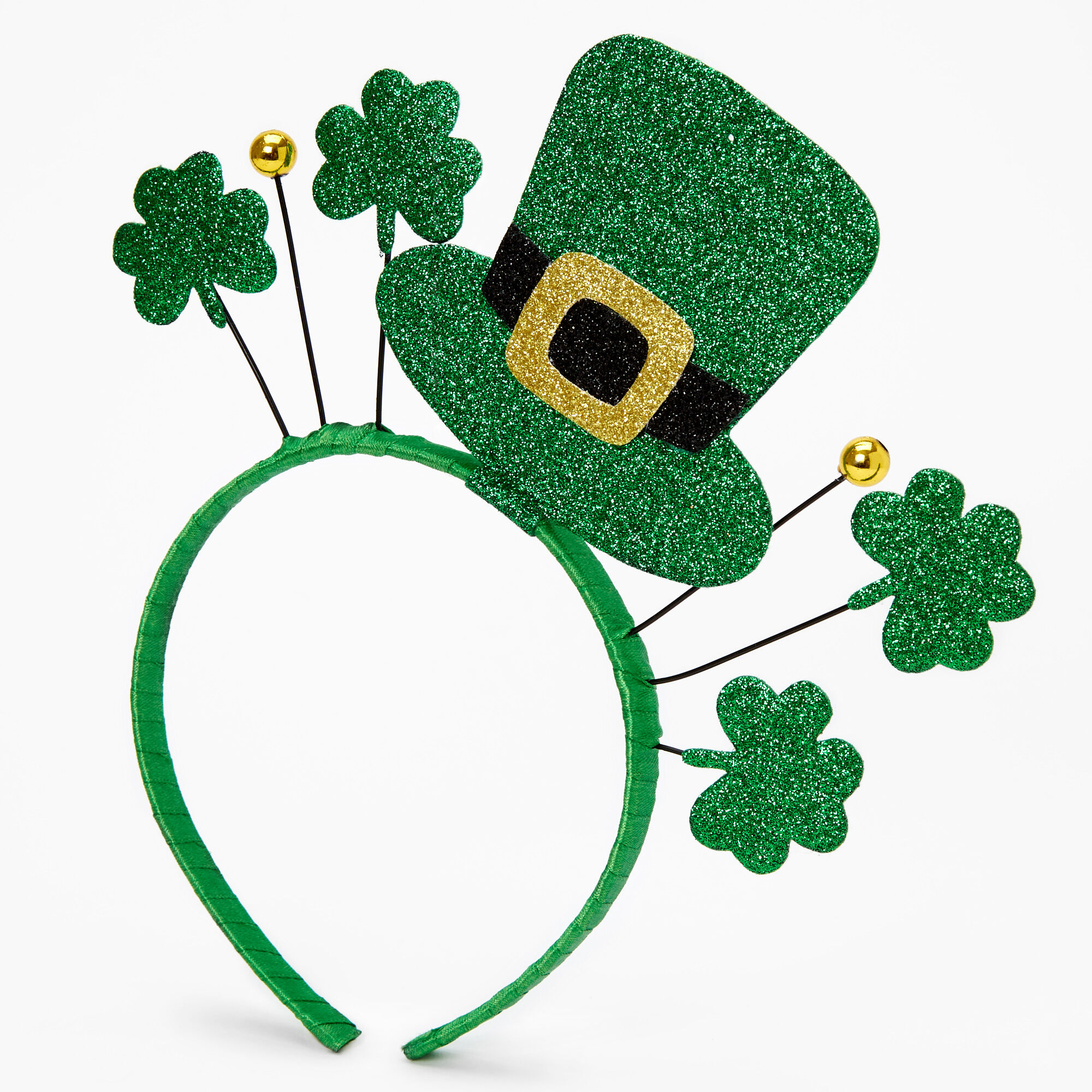 Details about   St Patricks Day Headband Kiss Me I'm Irish Metallic Gold Green Feathers Claire's 