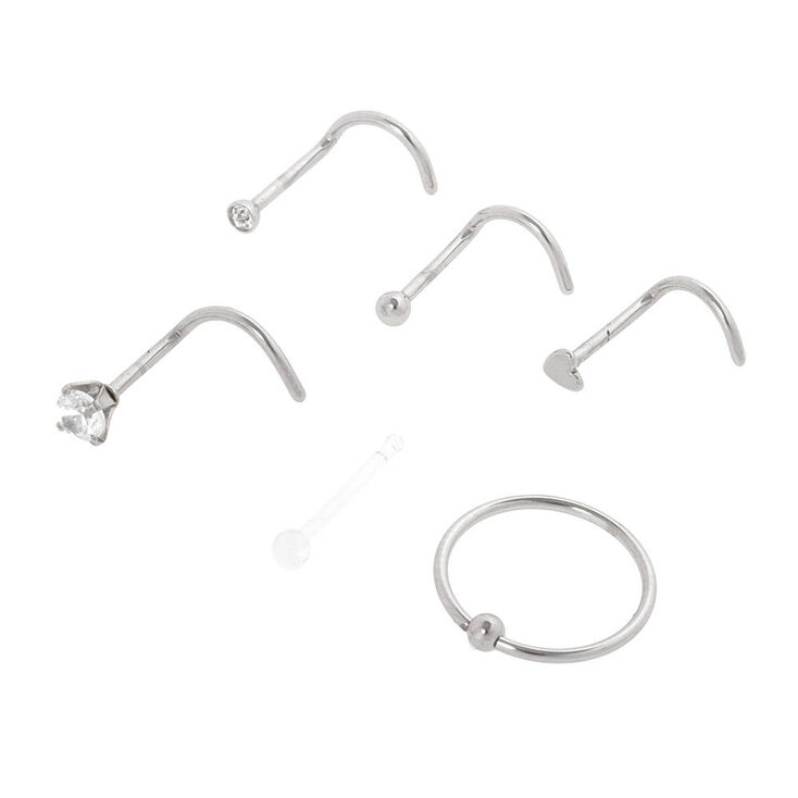 Silver 20G Mixed Crystal Shape Nose Studs &amp; Hoop - 6 Pack,