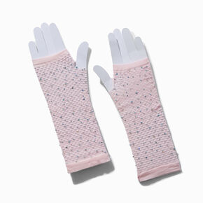 Rhinestone-Studded Pink Fishnet Arm Warmers,