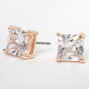 Rose Gold Cubic Zirconia Square Stud Earrings - 8MM,