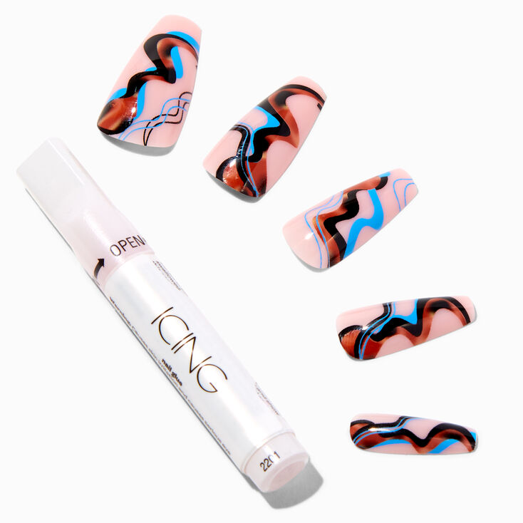 Nude &amp; Blue Swirl Squareletto Vegan Faux Nail Set - 24 Pack,