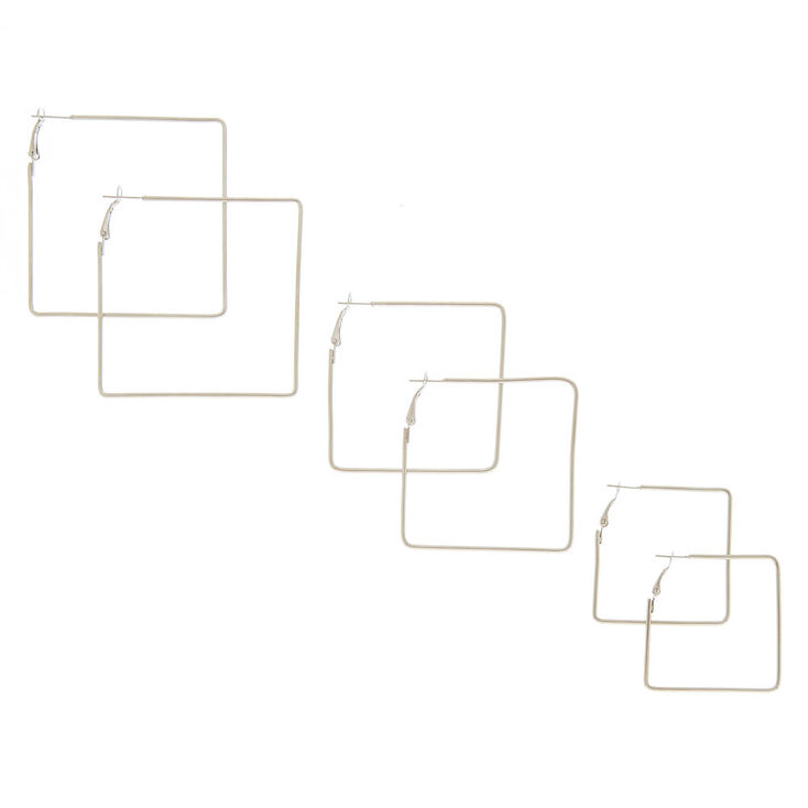 Silver Graduated Square Hoops Earrings - 3 Pack,