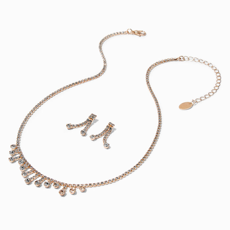 Rose Gold Mini Drip Crystal Fringe Statement Necklace &amp; Drop Earrings Set - 2 Pack,