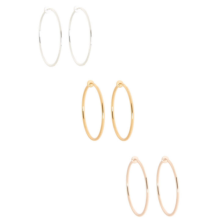 Mixed Metal 40MM Clip On Hoop Earrings - 3 Pack,