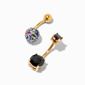 Rainbow Fireball &amp; Black Crystal 14G Gold Belly Rings - 2 Pack,