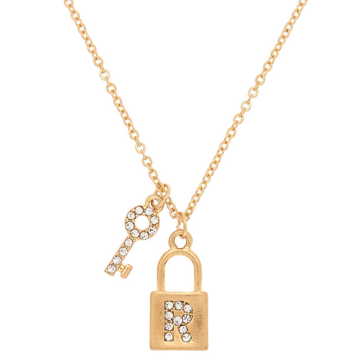 Gold Lock & Key Initial Pendant Necklace - R,