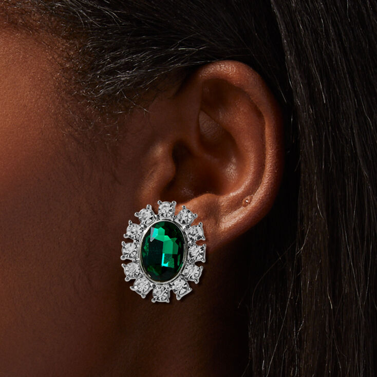 Silver-tone Emerald Green Crystal Stud Earrings,