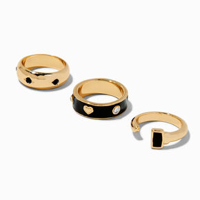 Black Enamel Icon Gold-tone Ring Set - 3 Pack,
