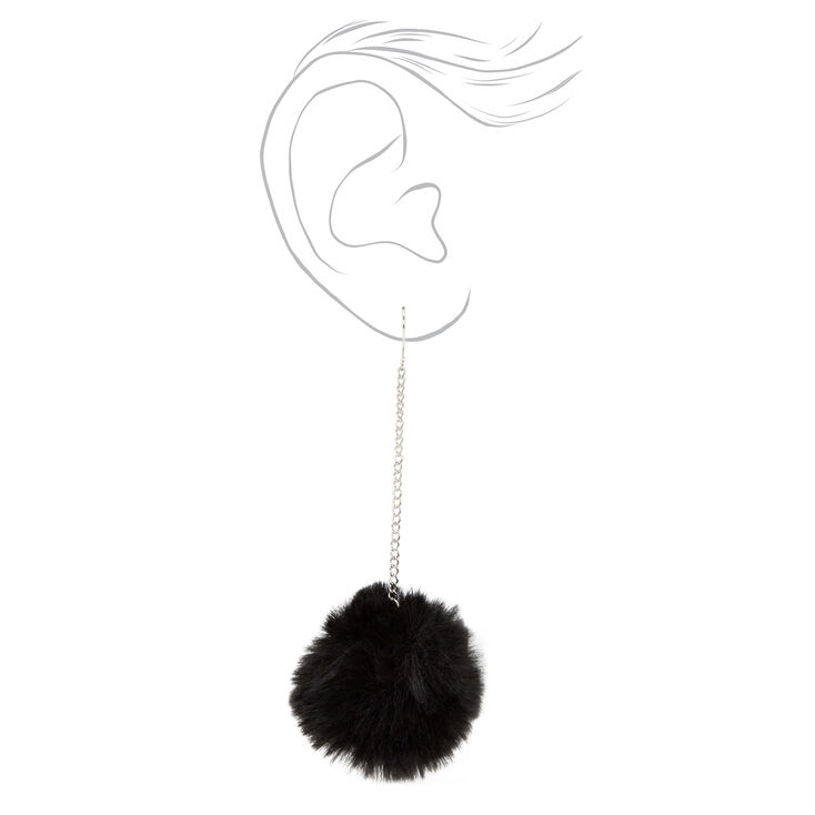 Silver 3&quot; Pom Pom Drop Earrings - Black,