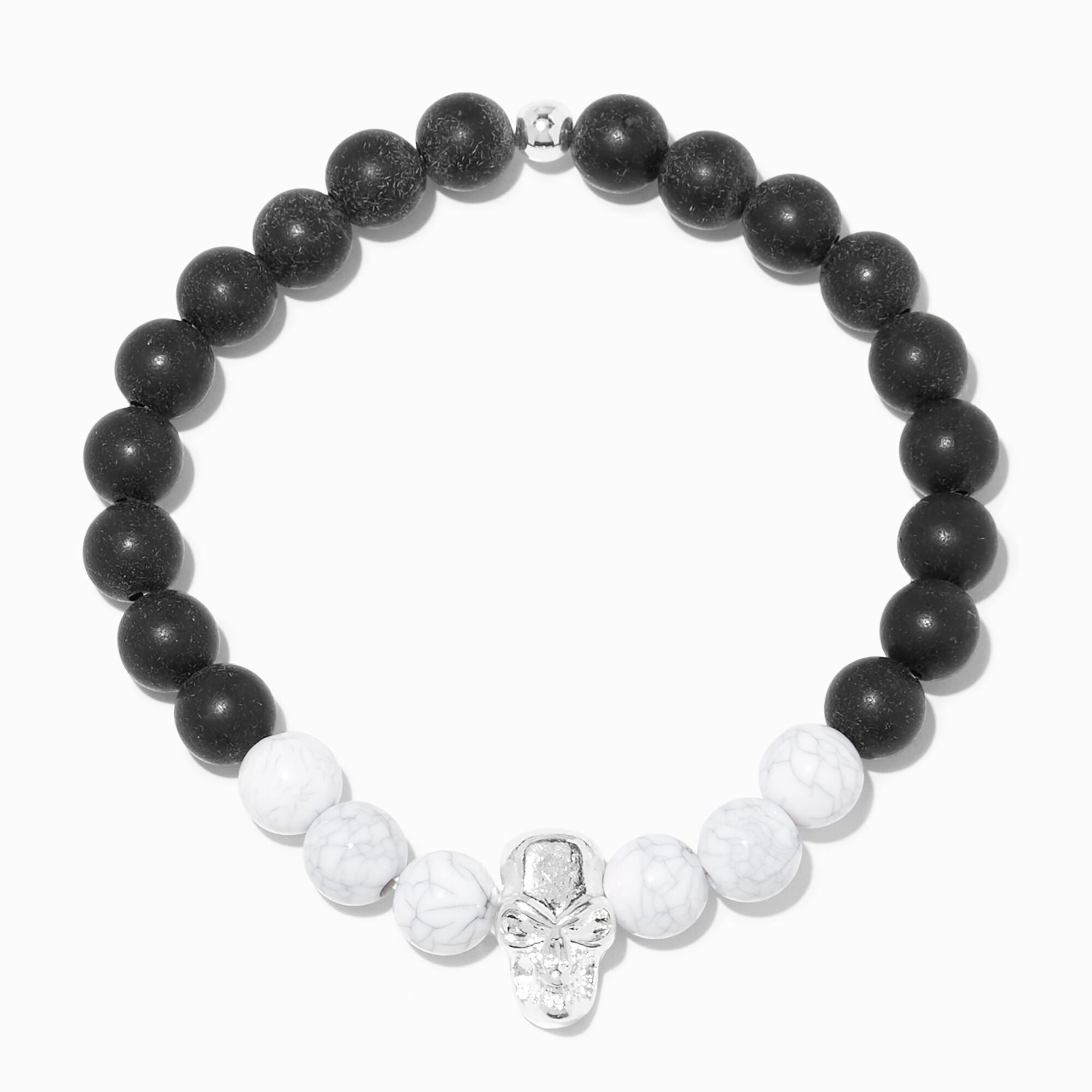 White Marble Beaded Silver Skull Stretch Bracelet Icing US