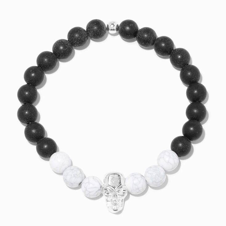 White Marble Beaded Silver Skull Stretch Bracelet,