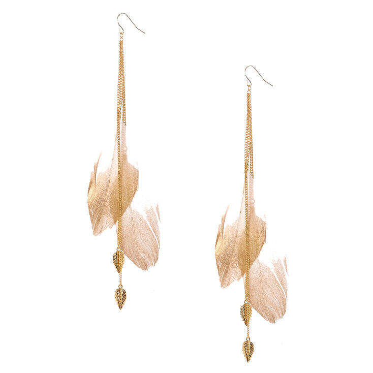 Gold Tone Chain & Large Ivory Feathers,