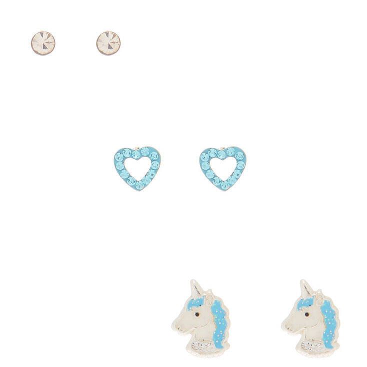 Sterling Silver Unicorn Love Stud Earrings - Baby Blue, 3 Pack,