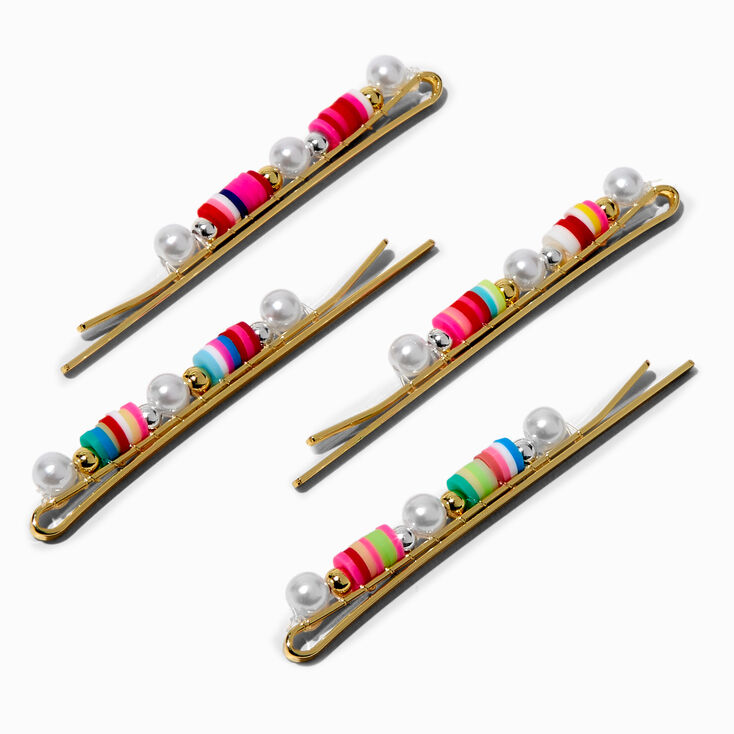 Rainbow Bead &amp; Pearl Bobby Pins - 4 Pack,