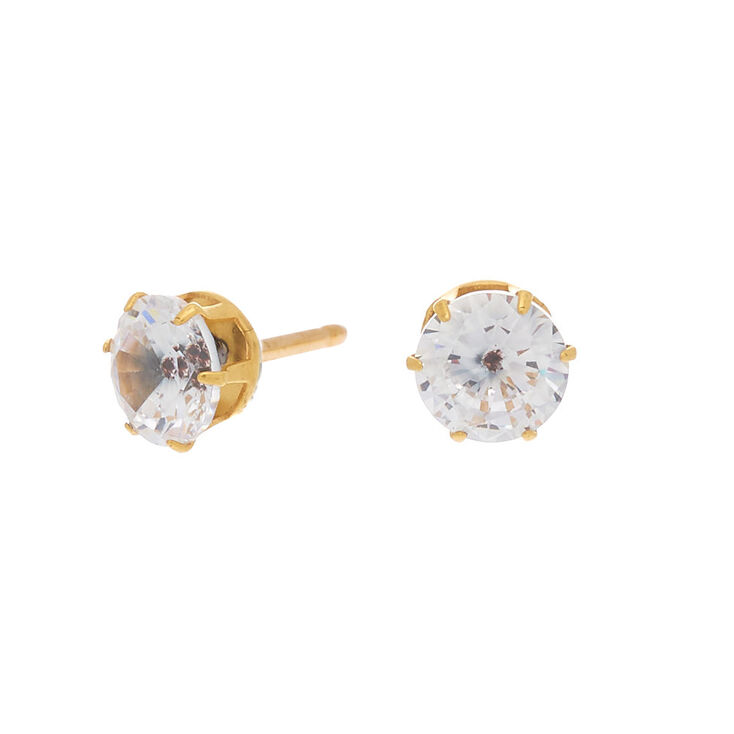 Gold Titanium Cubic Zirconia Round Stud Earrings - 7MM,