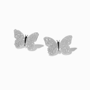 Glitter Butterfly Silver-tone Stud Earrings,