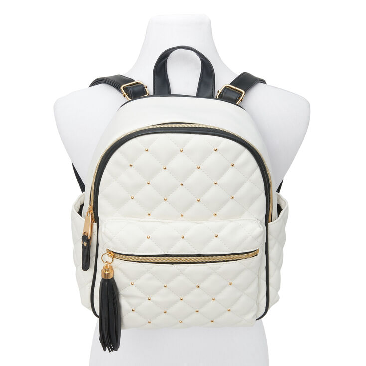 White Quilted Gold Studded Small Backpack,