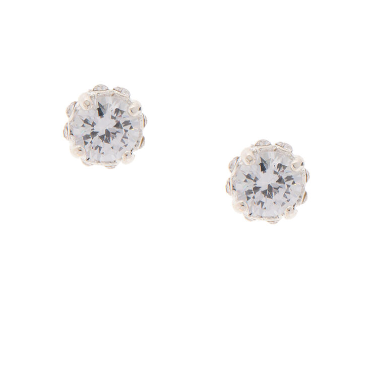 8MM Diamond Set Round Cubic Zirconia Stud Earrings,