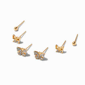Gold-tone Crystal Butterfly Stack Stud Earrings - 3 Pack,
