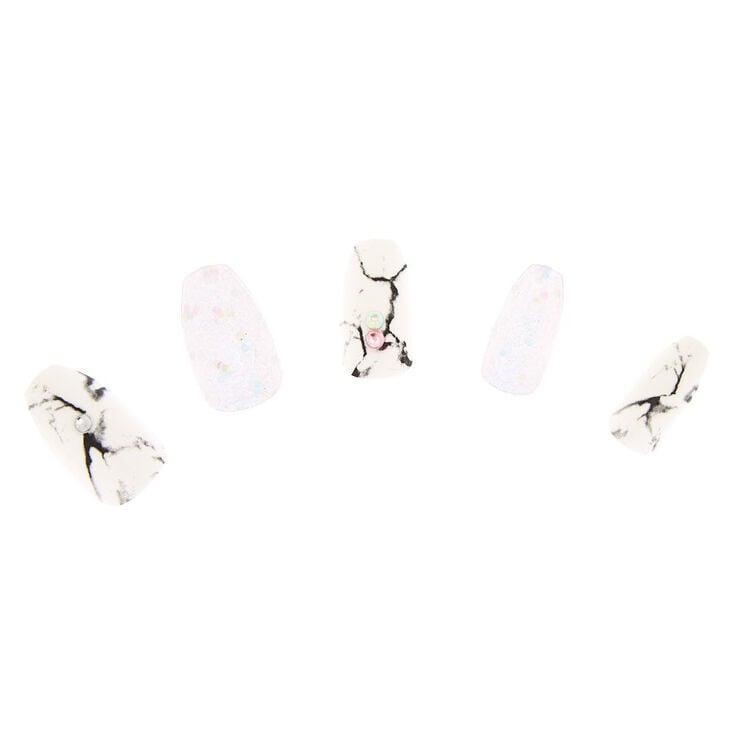 Marble Gem Faux Nail Set - White, 24 Pack,